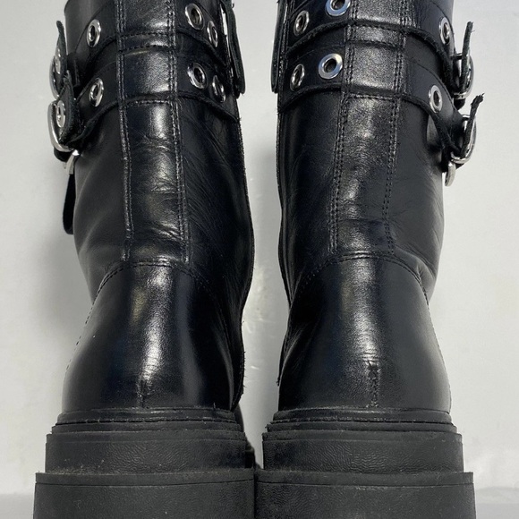 ZARA Black Leather Combat Boots Double Buckle Grommet Lace Up Lug Sole Size 7.5 - Picture 5 of 16
